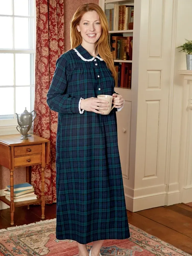 Lanz Classic Plaid Cotton Flannel Nightgown