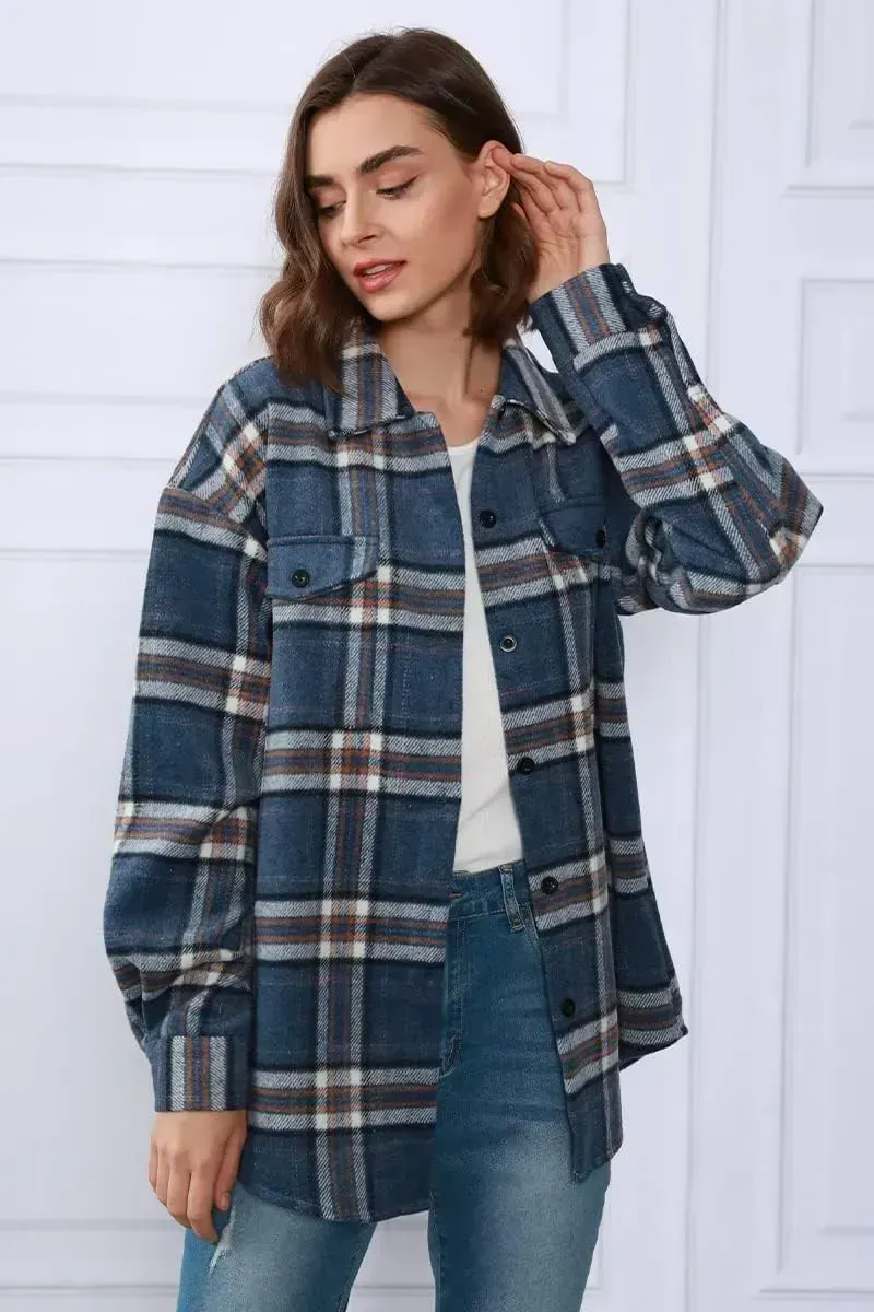 Womens Casual Plaid Shacket Button Down Long Sleeve Shirt