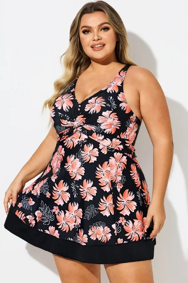 Plus Size Floral Print V-Neck Crisscross Back Swimdress