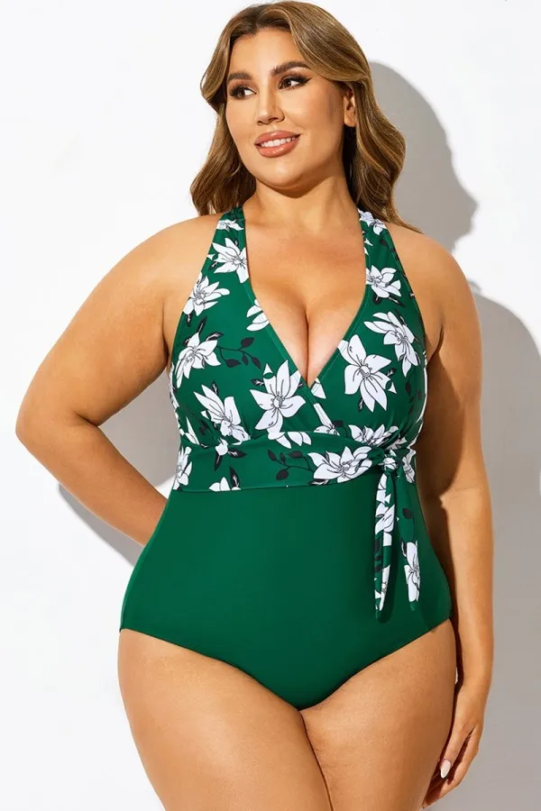 Green Floral Print Halter Neck One Piece Swimsuit