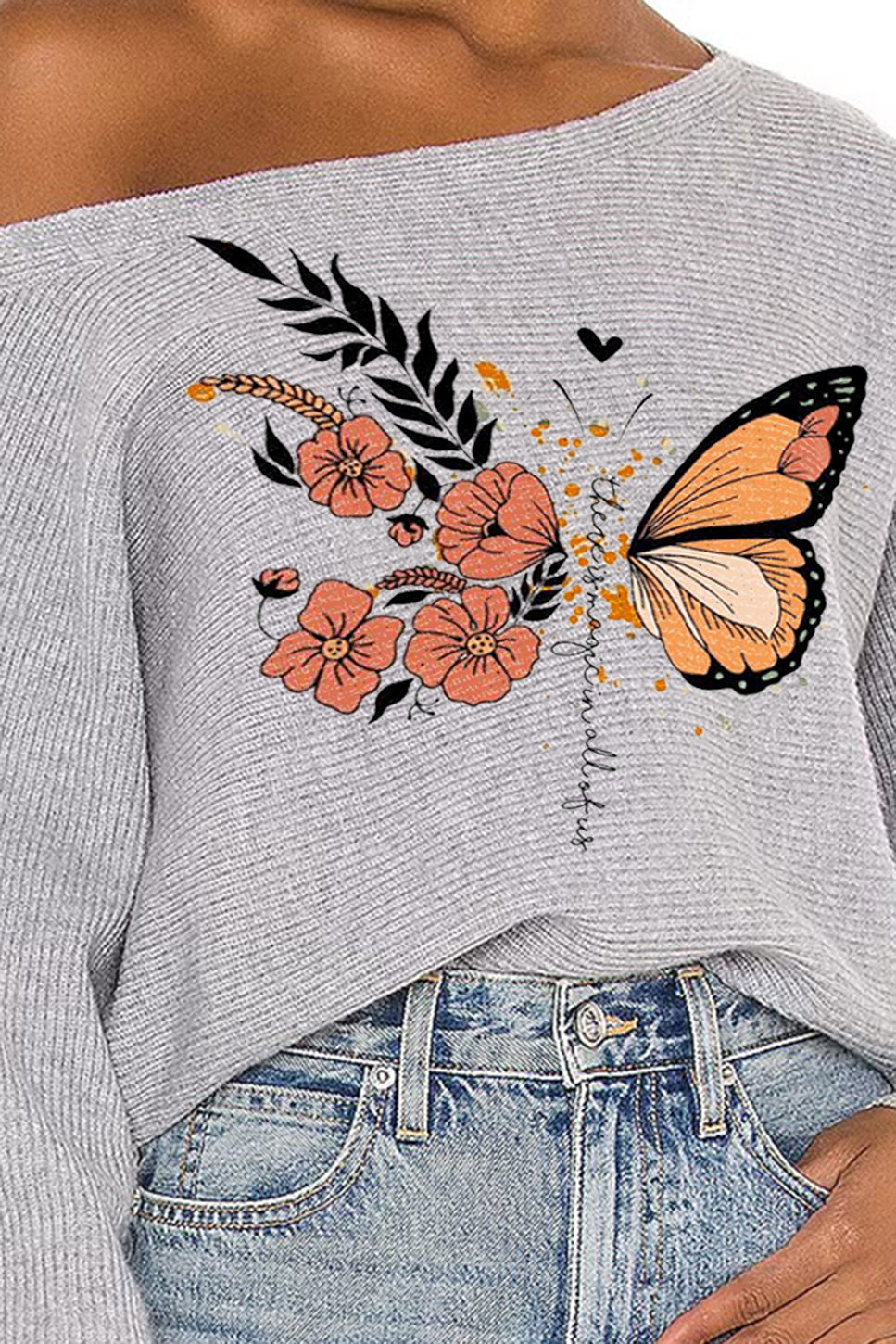 Off Shoulder Butterfly Floral Print Sweater