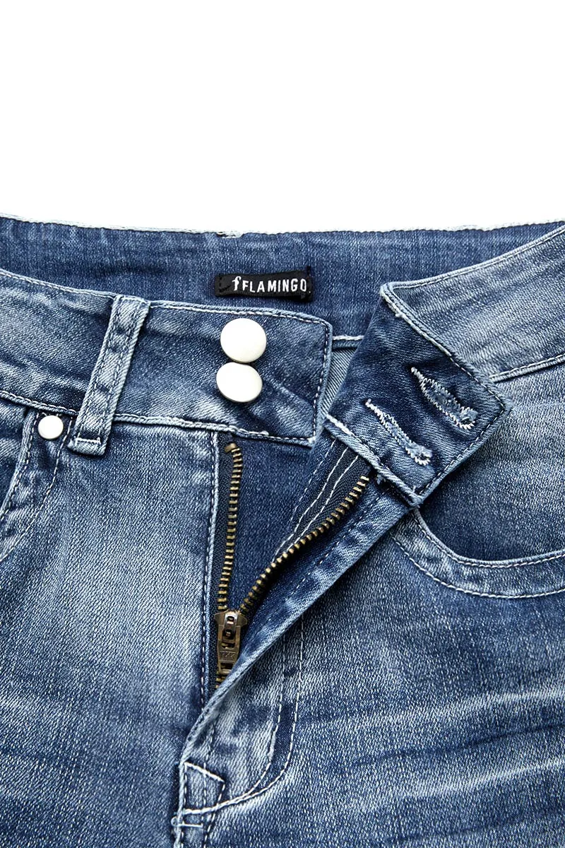Stitch Detail Dual Button Mid Waist Straight Leg Jeans
