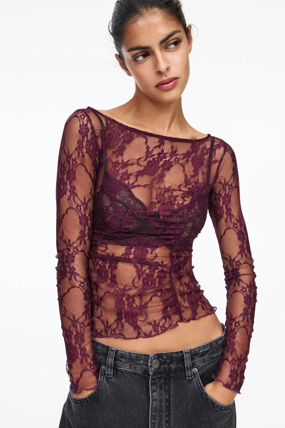 Lace top with gathered detail