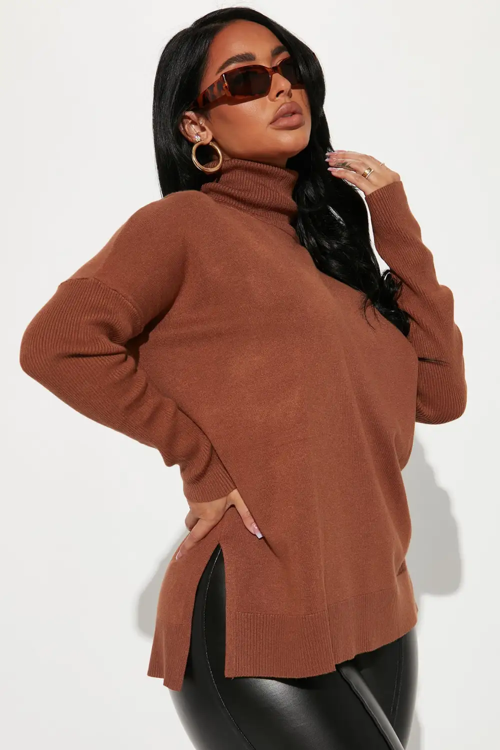 Tune It Out Turtleneck Tunic Sweater - Brown