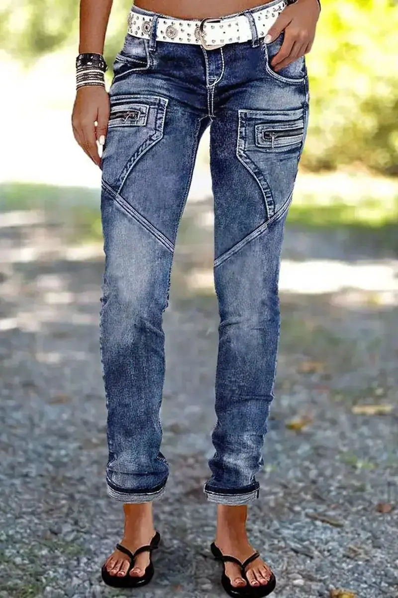 Zip Pocket Roll Hem Mid Waist Crop Jeans Without Belt