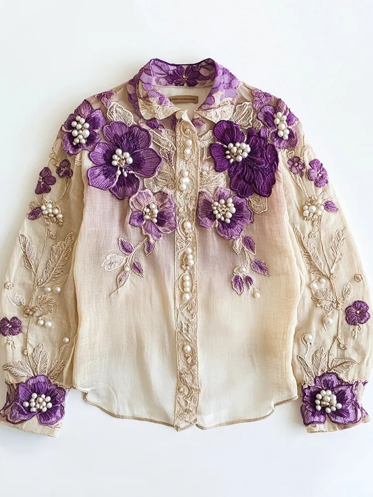 Women's Purple Floral Embroidered Linen Blend Shirt