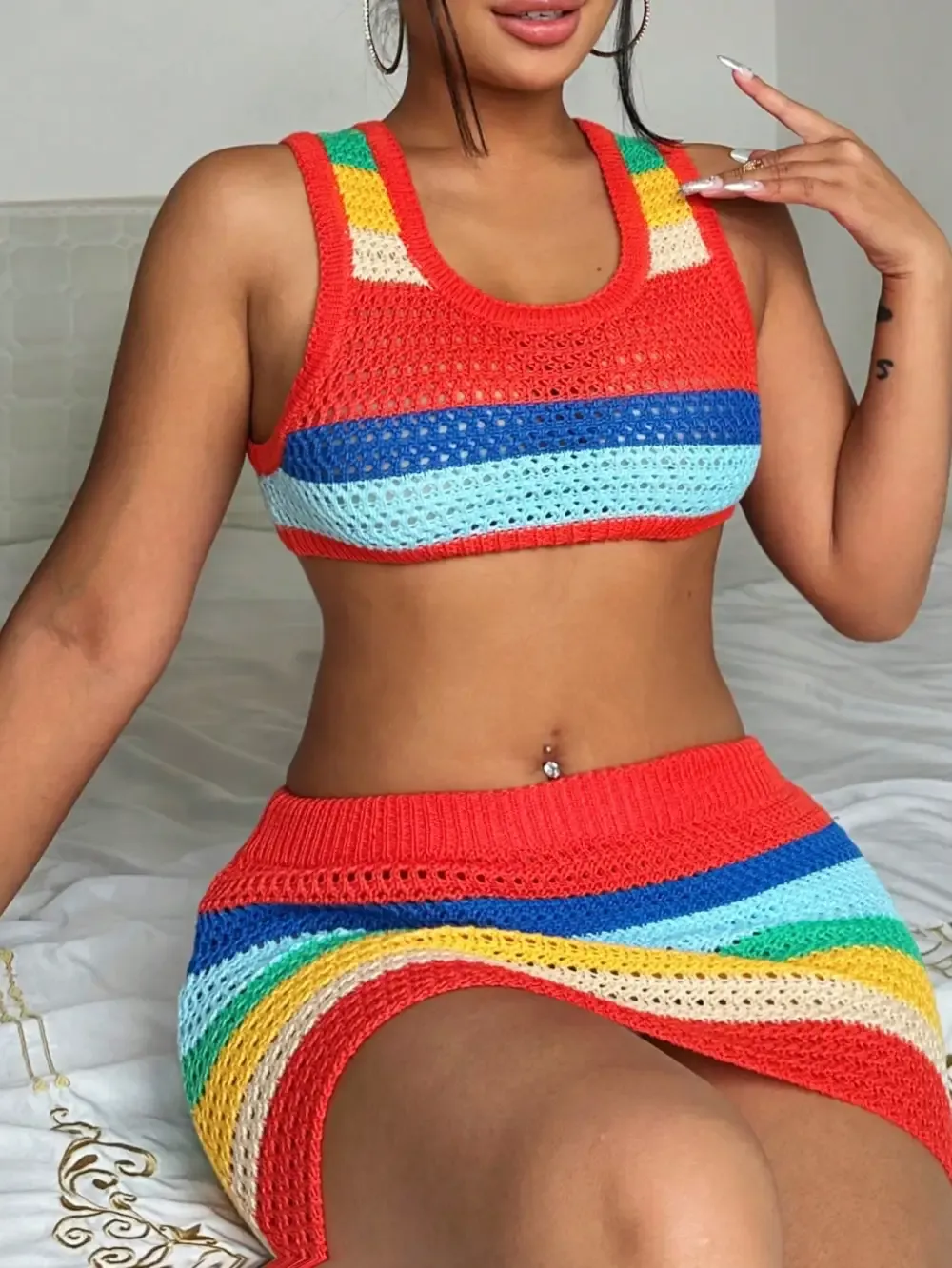 Women's Colorful Stripe Knitted Vest And Short Skirt Set