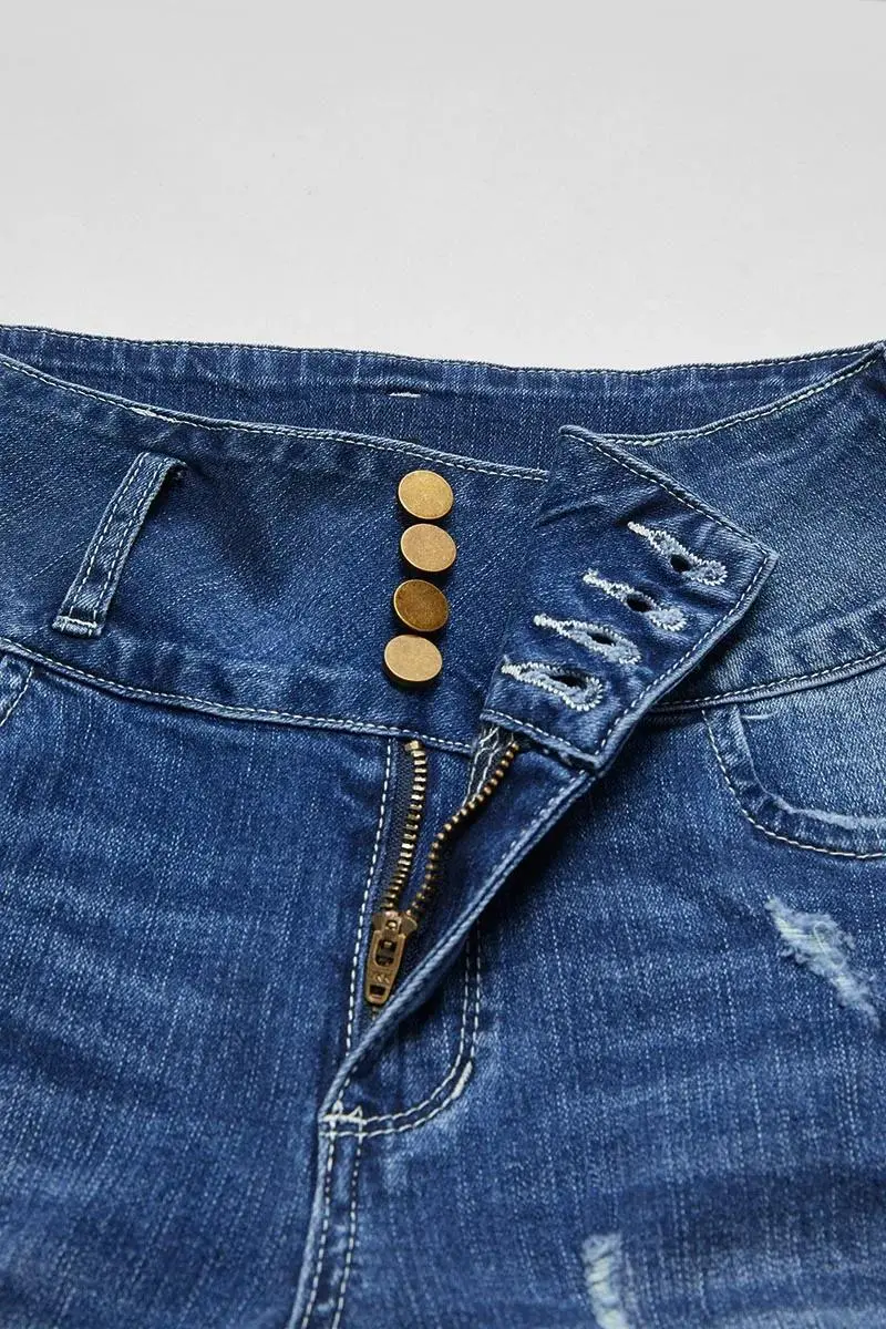 Button Fly Ripped Wash Stretchy High Waist Capri Jeans
