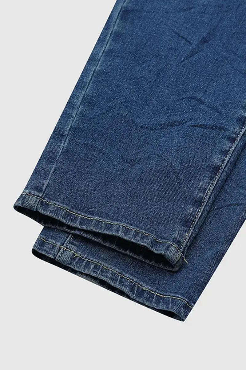 Button Fly Slant Pocket Mid Rise Straight Leg Jeans