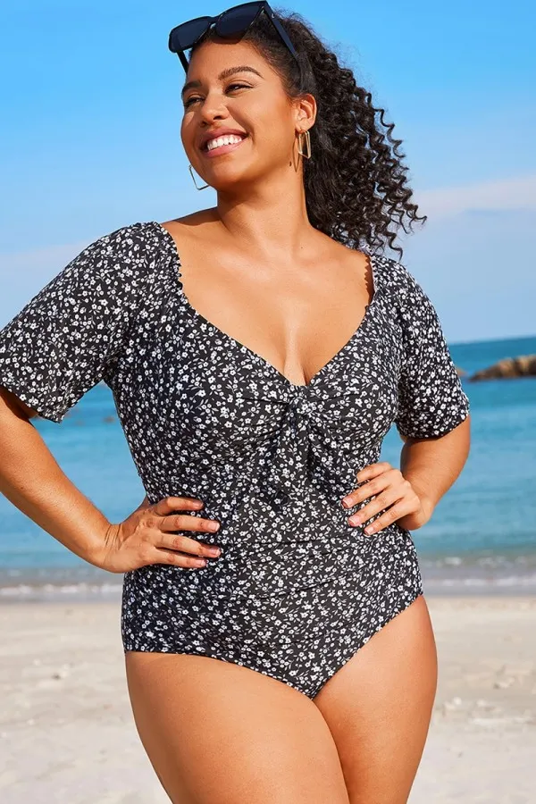 Floral Printed Short Sleeve One Piece Swimsuit