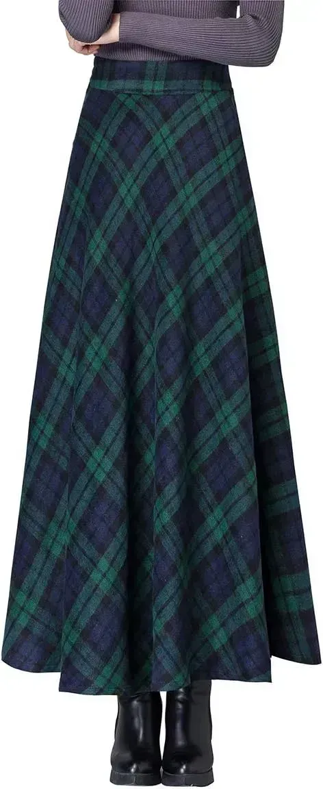 Women's Winter Elegant Warm Long Skirt Wool Maxi Skirts Elastic Waist A-Line High Waist Plaid Pleated Skirt S-3XL