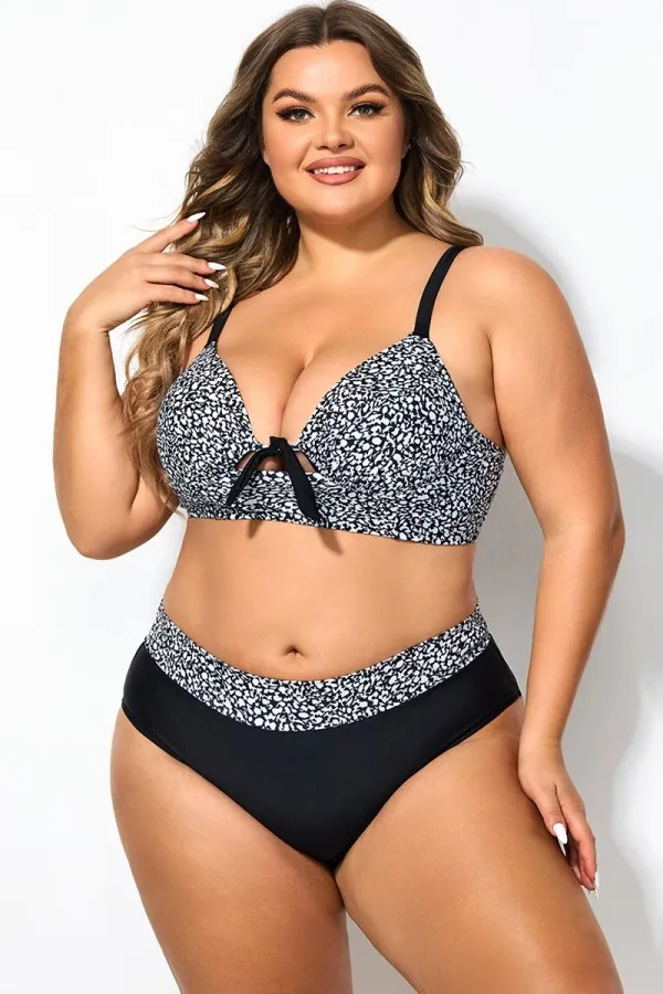 Black＆White Abstract Print Tie Front Underwire Bikini Top