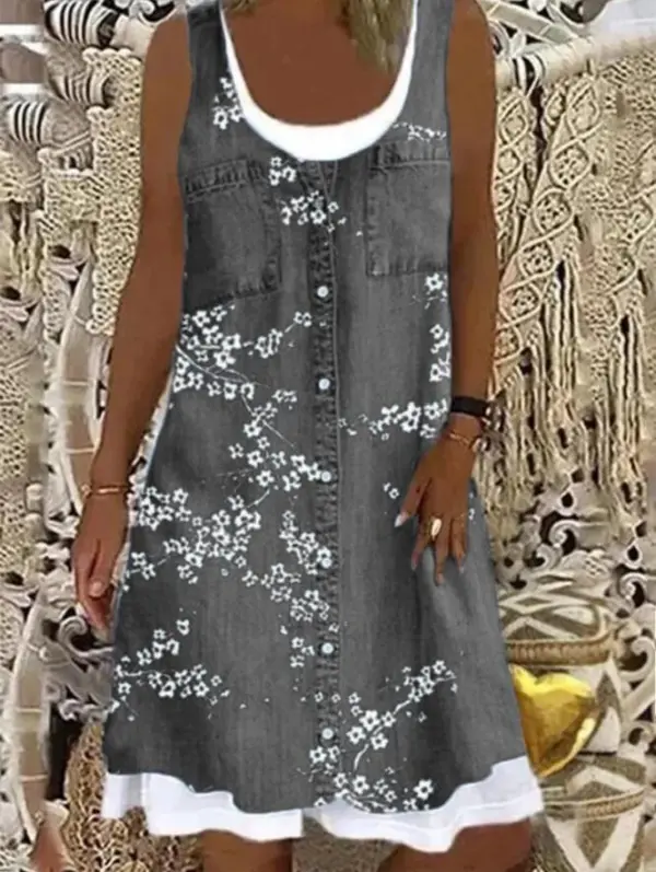 Printed Fake Two Piece Denim Dress