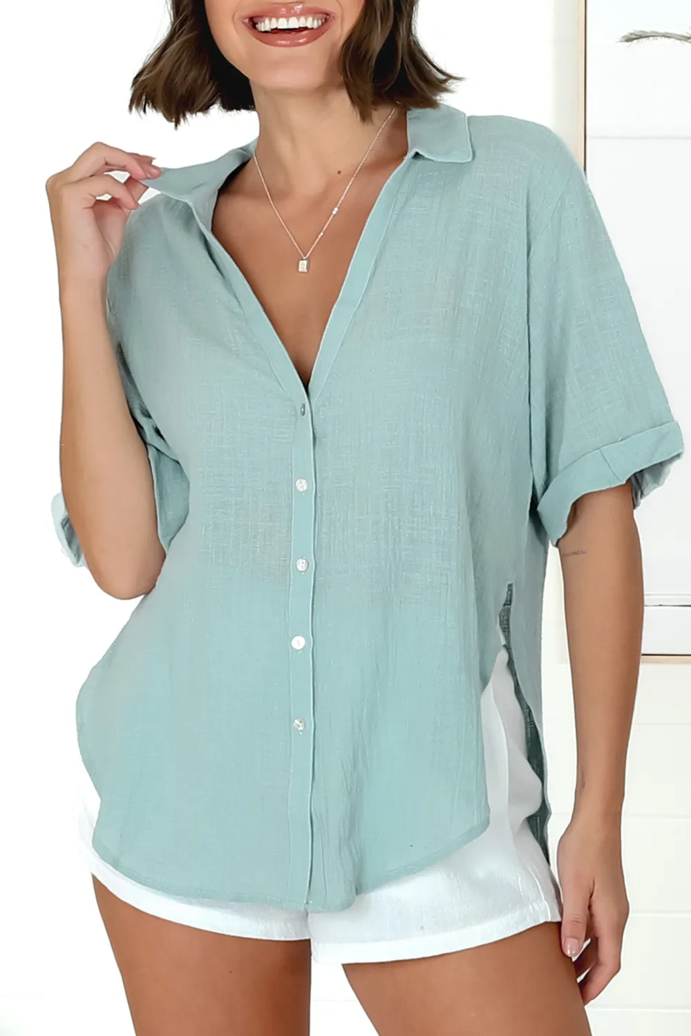 Light Blue Linen Short Sleeve Shirt