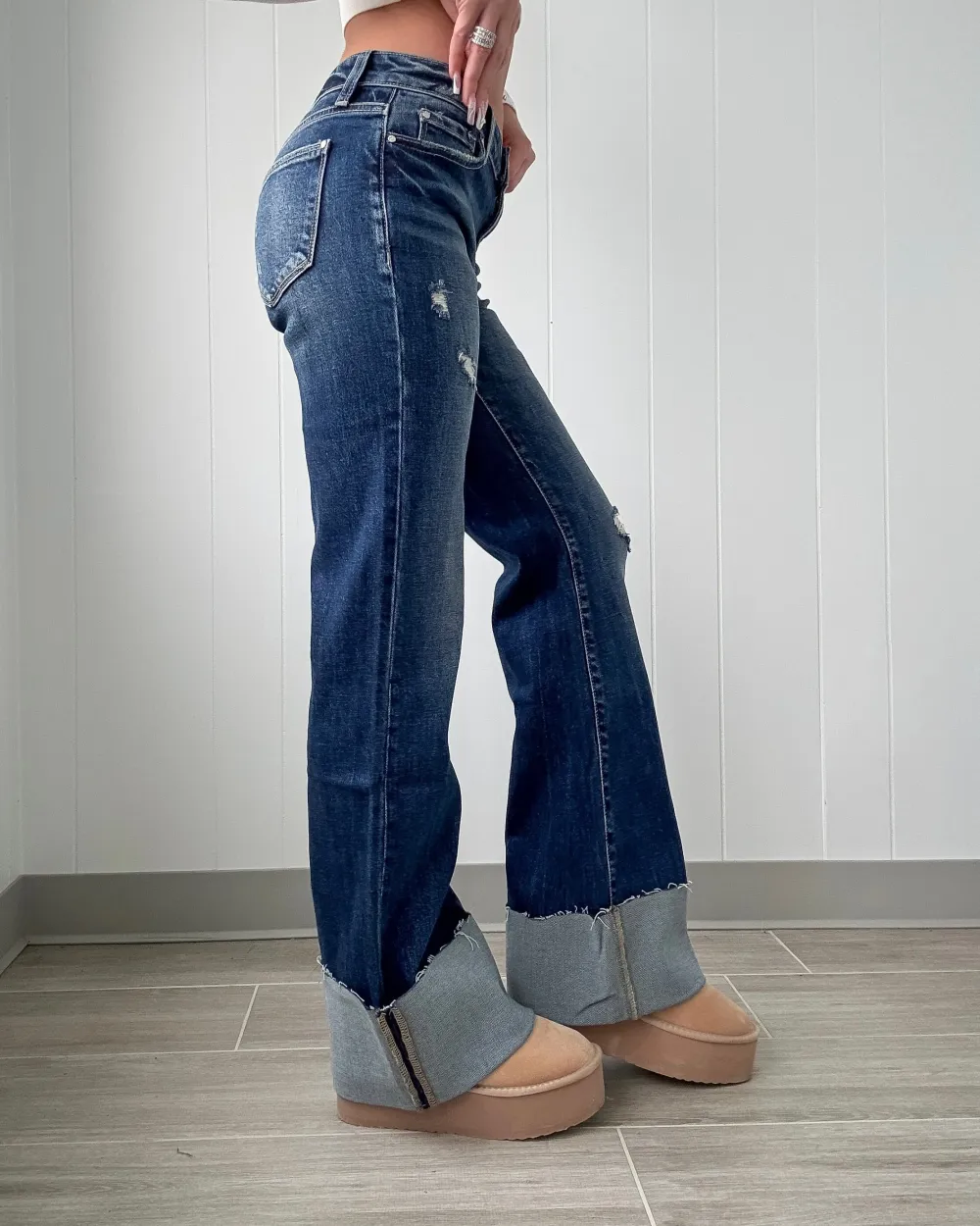 Flare Cuffed Hem Jeans - Dark Wash