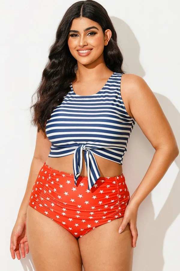 Blue & White Striped Knotted Crop Bikini Top