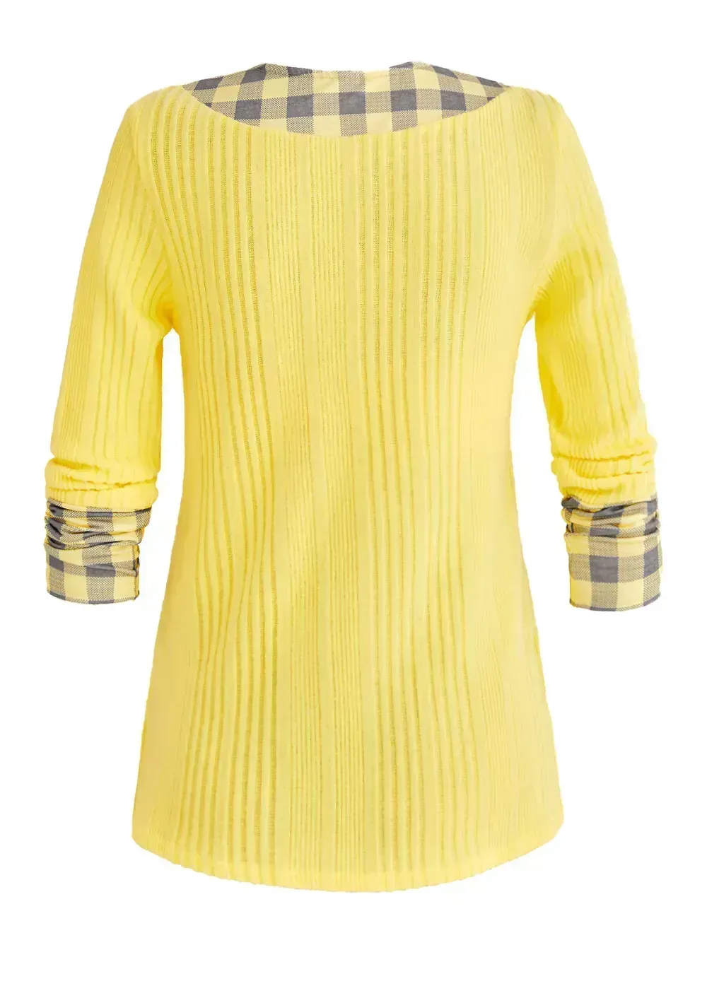 Light Yellow Patchwork Plaid Long Sleeve T Shirt