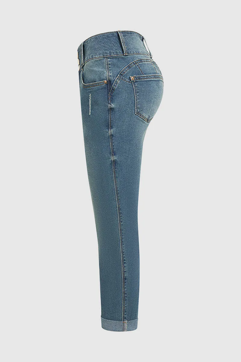 Button Up Roll Hem Mid Rise Capri Jeans