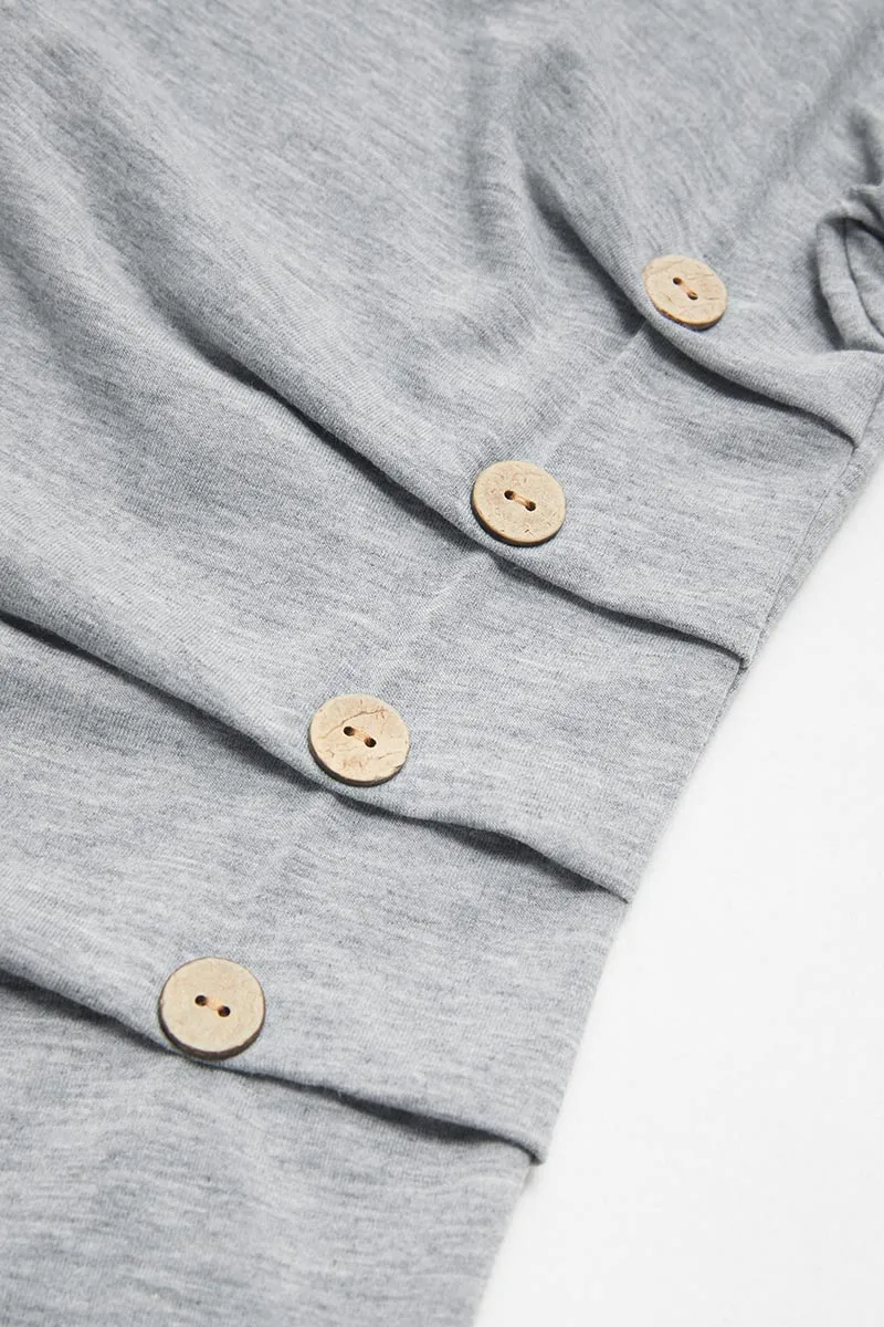 Solid Pleated Button Decor Asymmetrical Neck T-Shirt