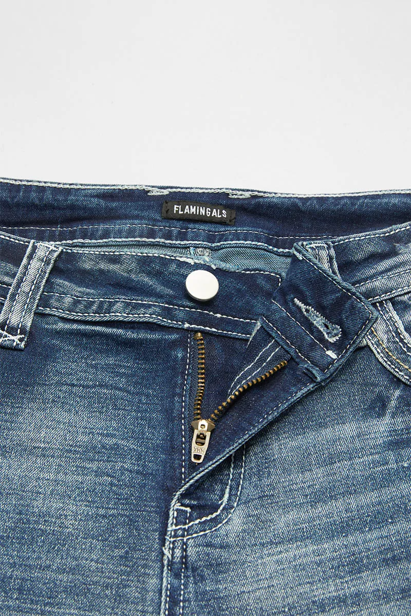 Wash Stretchy Ripped Detail Mid Waist Flare Jeans