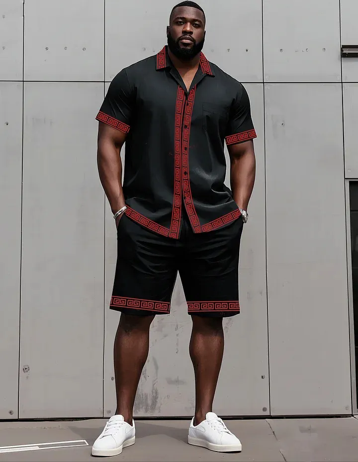 Big Man'S Retro Daily Casual Edge Color Block Printing Short Sleeve Shirt Shorts Suit