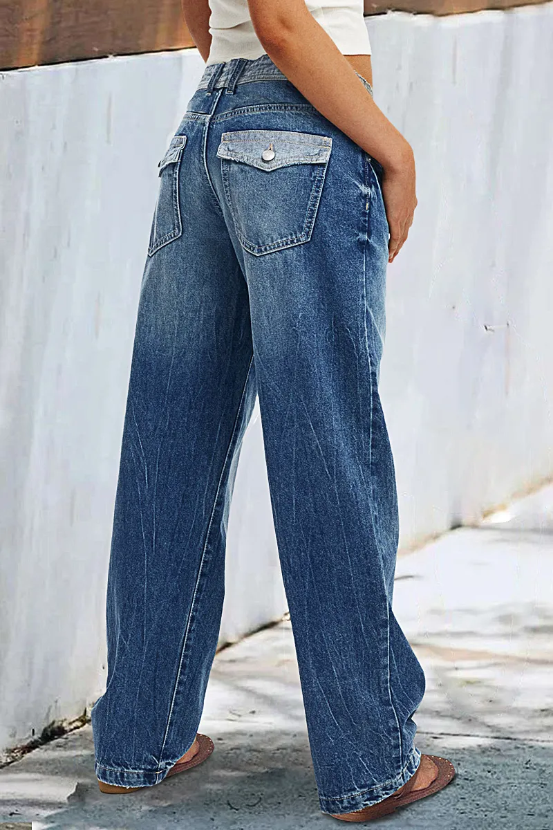 Wash Flap Pocket Back Low Waist Straight Leg Jeans