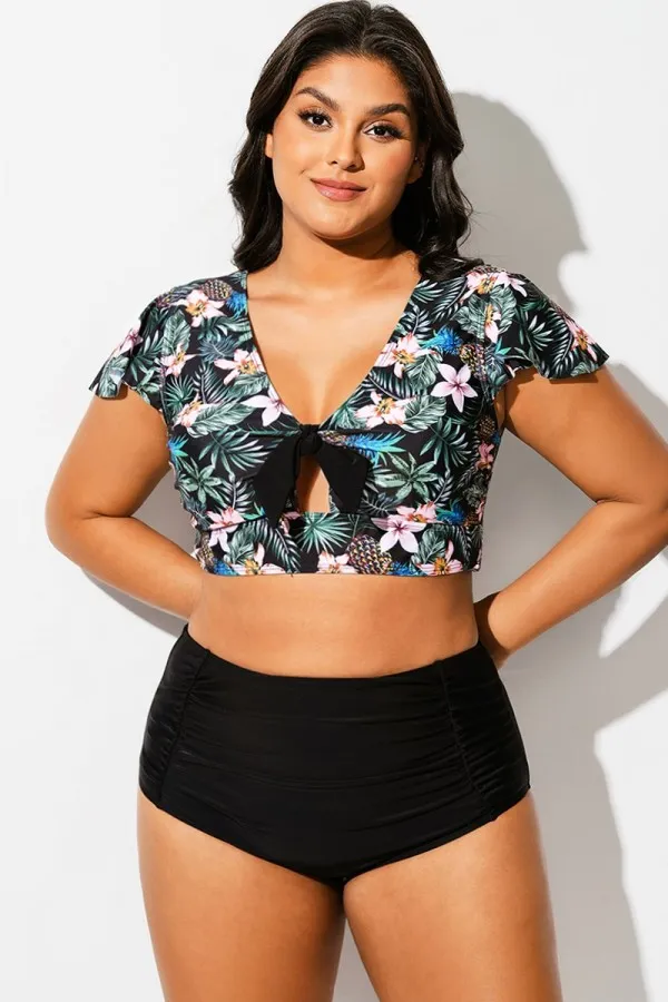 Tropical Print Retro Women Bikini Top With Sleeves