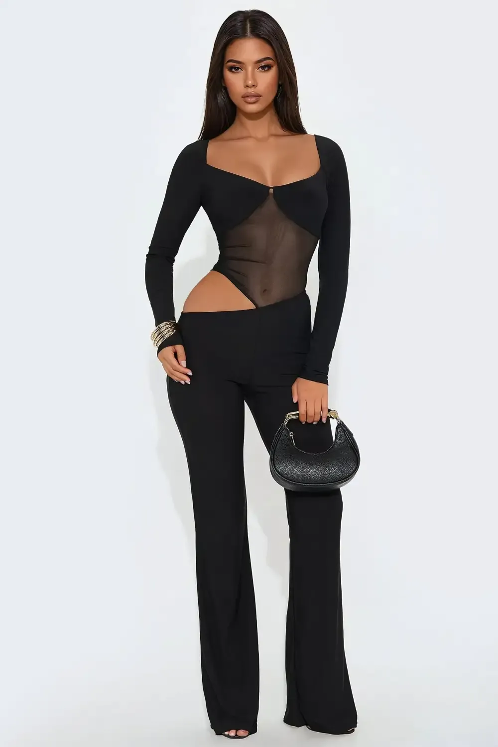 Striya Sheer Long Sleeve Cut Out Jumpsuit - Black