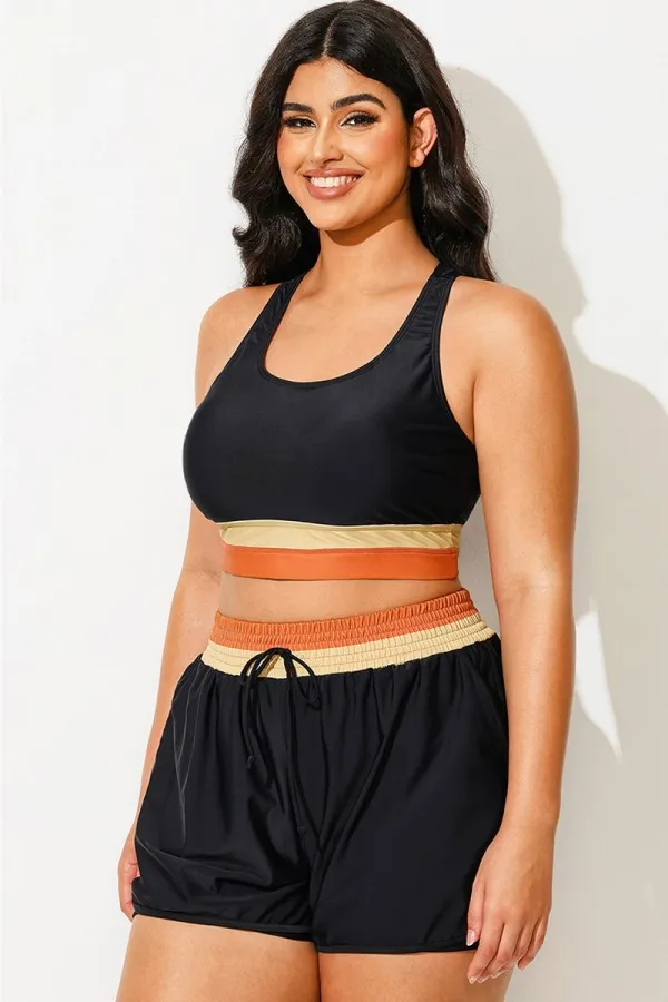 Plus Size Round Neck Orange Patchwork Bikini Top