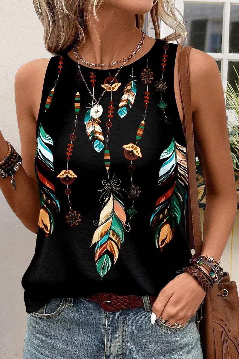 Feather Print Round Neck Tank Top