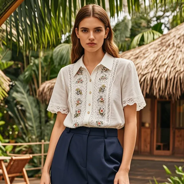Elegant Lace Floral Embroidery Vintage Linen Blend Shirt