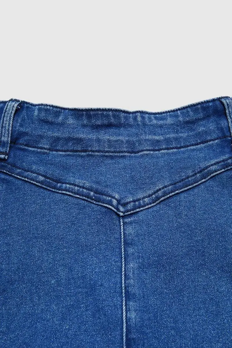 Wash Stitch Detail High Rise Long Denim Skirt Without Belt