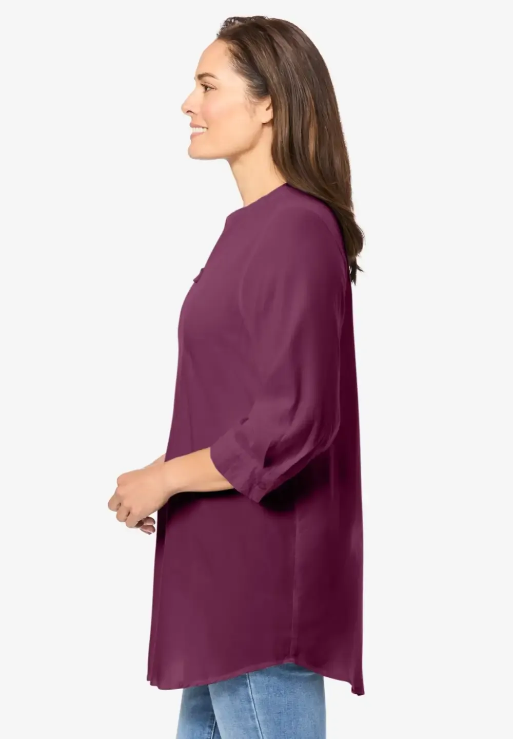 Rayon 7-Day Three-Quarter Sleeve Tab-Front Tunic