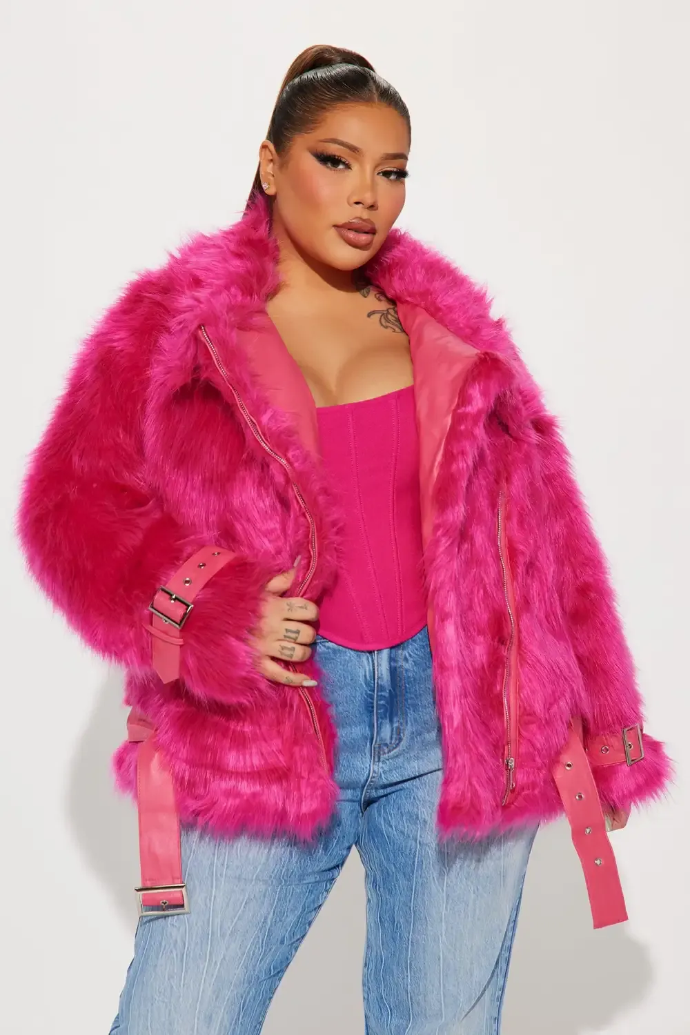 Party In The City Faux Fur Jacket - Fuchsia