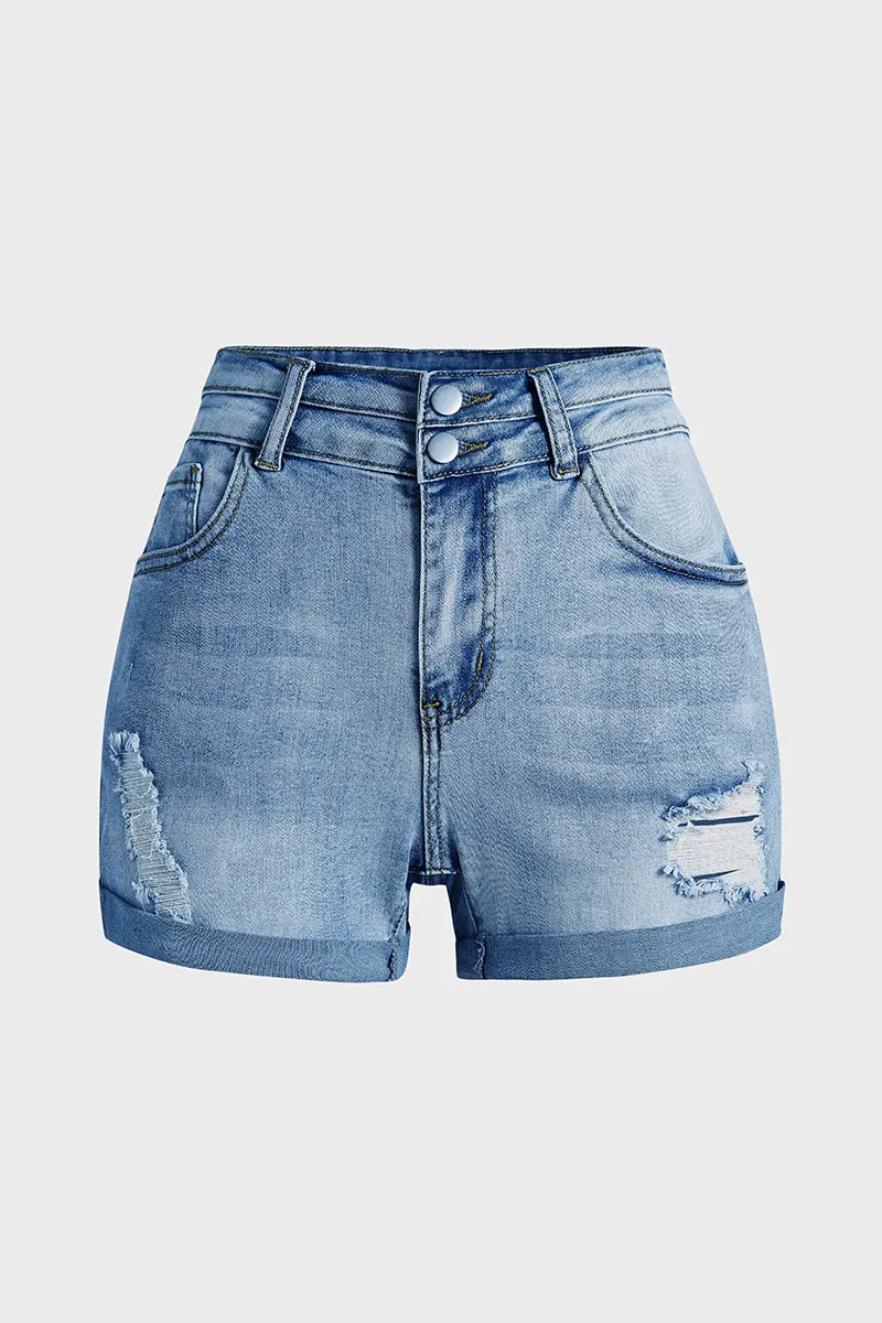 Wash Ripped Roll Hem High Rise Denim Shorts