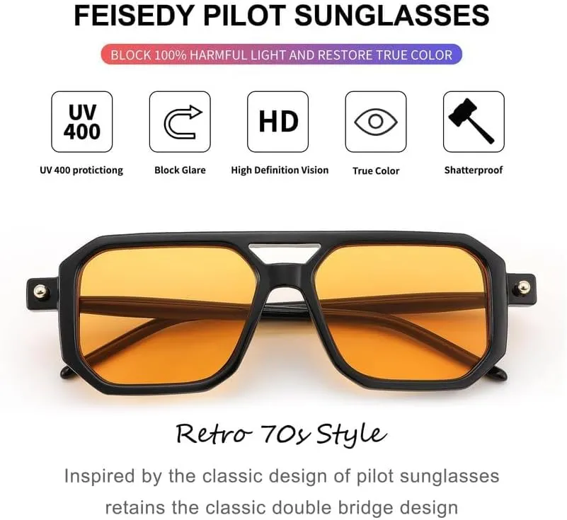 FEISEDY Vintage Square 70s Flat Aviator Sunglasses Women Men Classic Retro Stylish Frame UV400 Sunglasses B2622
