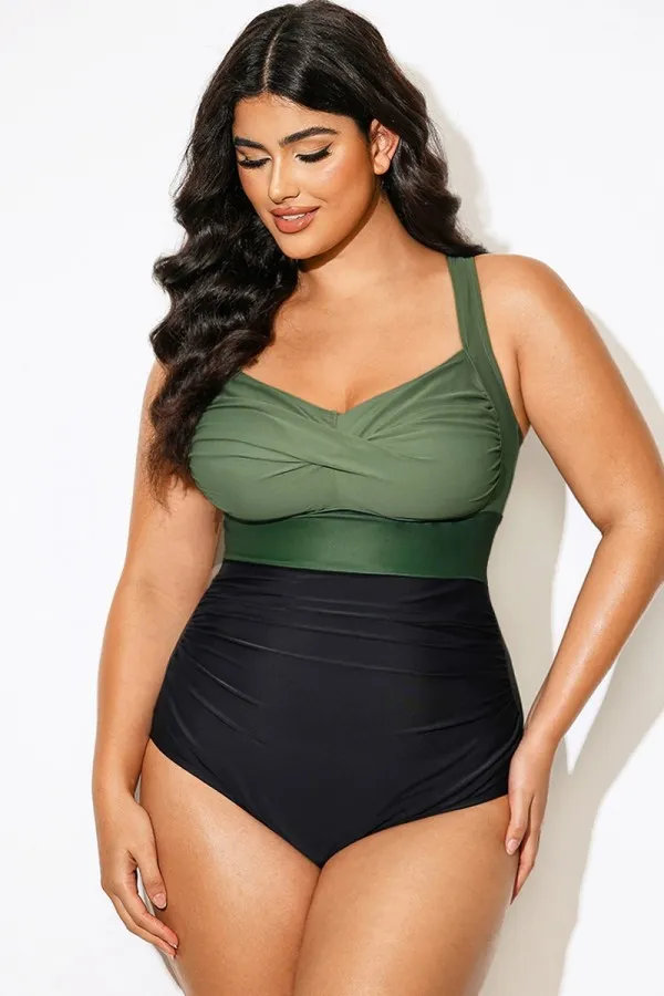 Plus Size Contrast Twist Front Skinny One Piece Swimsuit