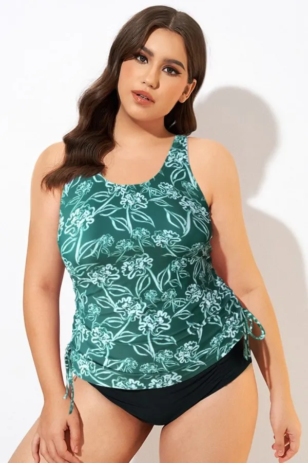 Plus Size Stripe Built-In Bra Racerback Tankini Top