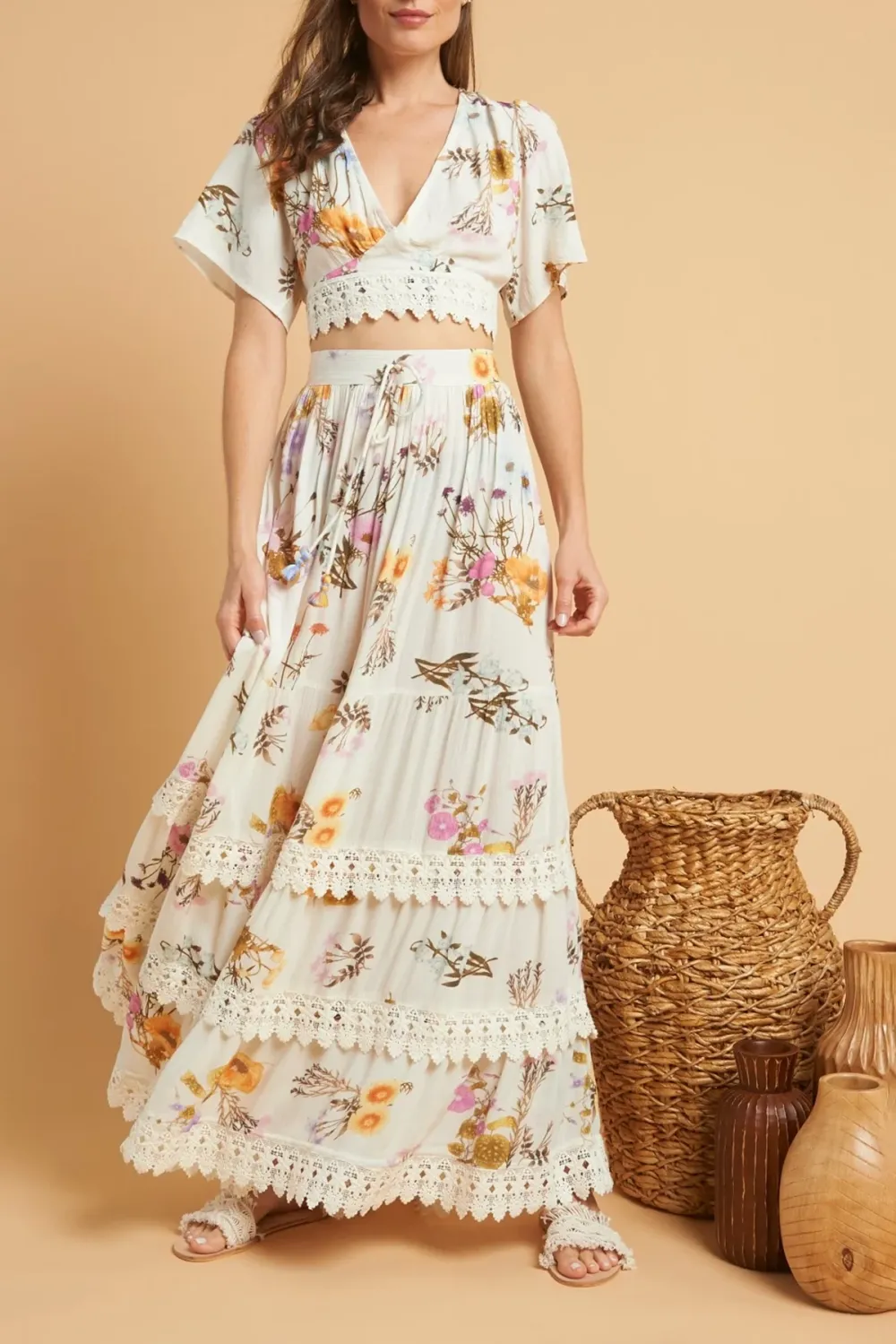 White Embroidered High Waisted Maxi Skirt