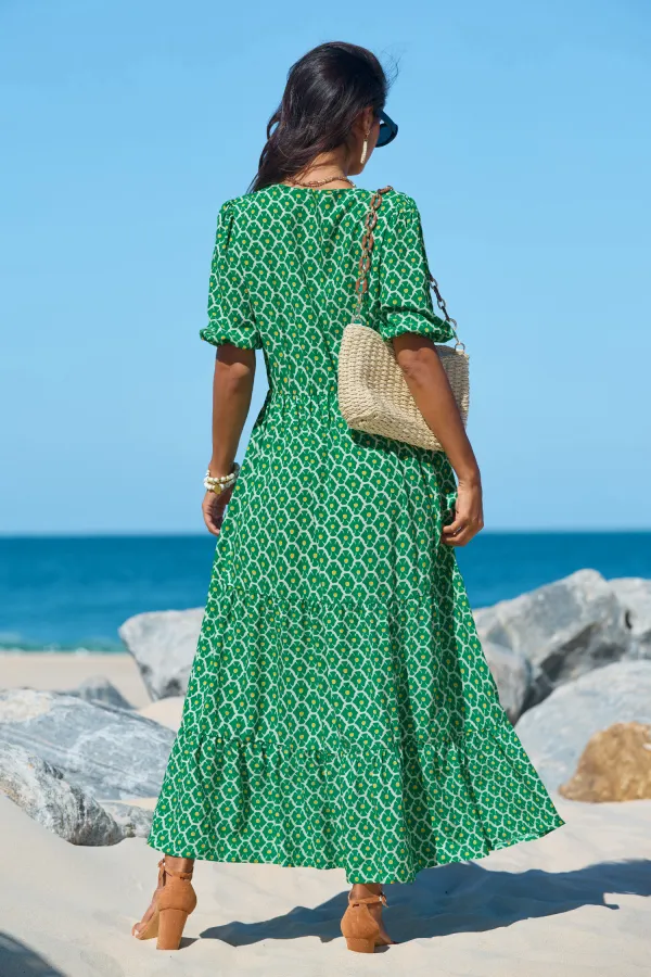 Boho Floral Notched Neck Puff Sleeve Midi Dress