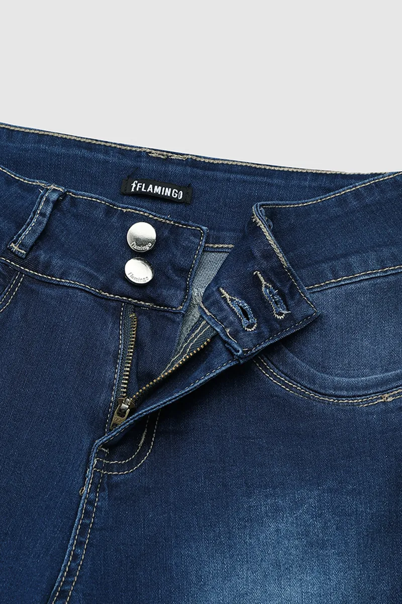 Double Button High Rise Skinny Denim Shorts