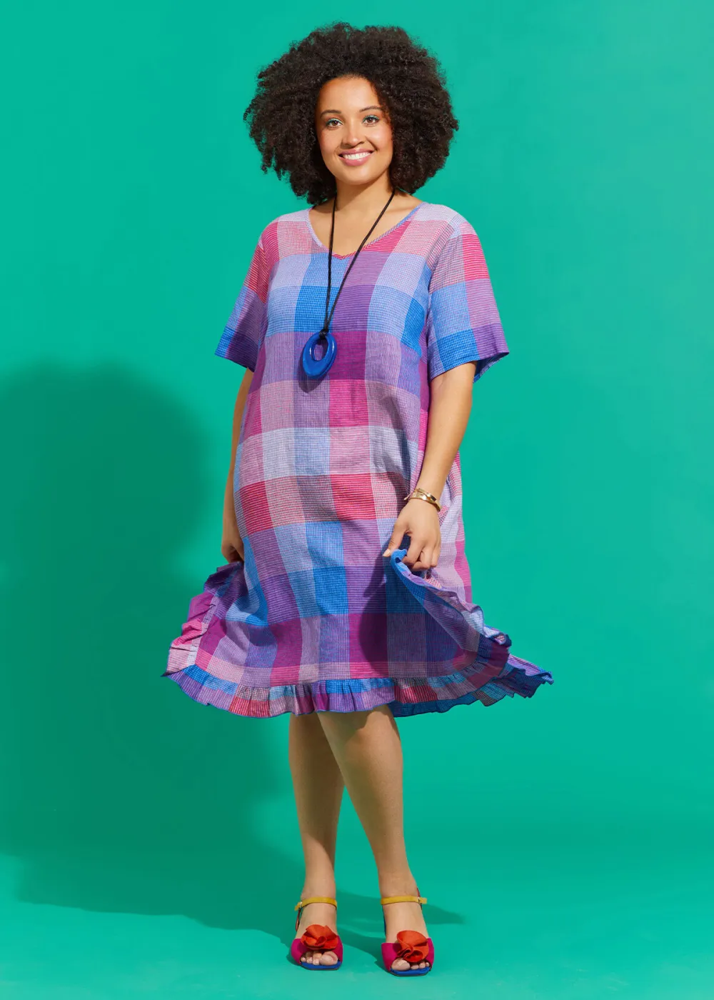 Linen Blend Plaid Dress