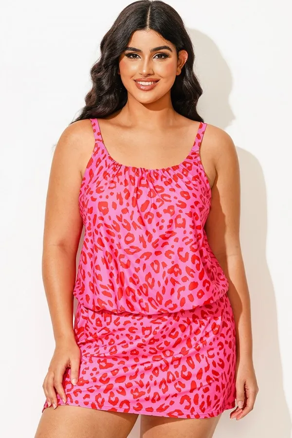Plus Size Pink Leopard Print Blouson Tankini Top
