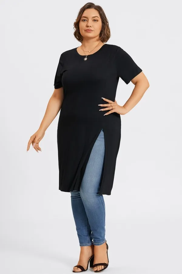 Black Crew Neck Split Front Long Tunic