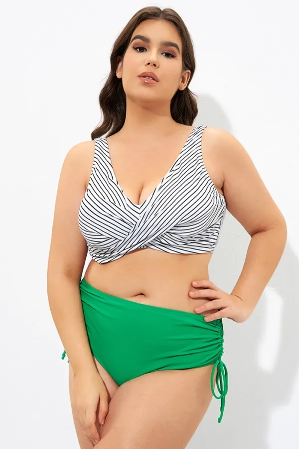 Stripe Front Cross Lace Up Women's Bikini Top