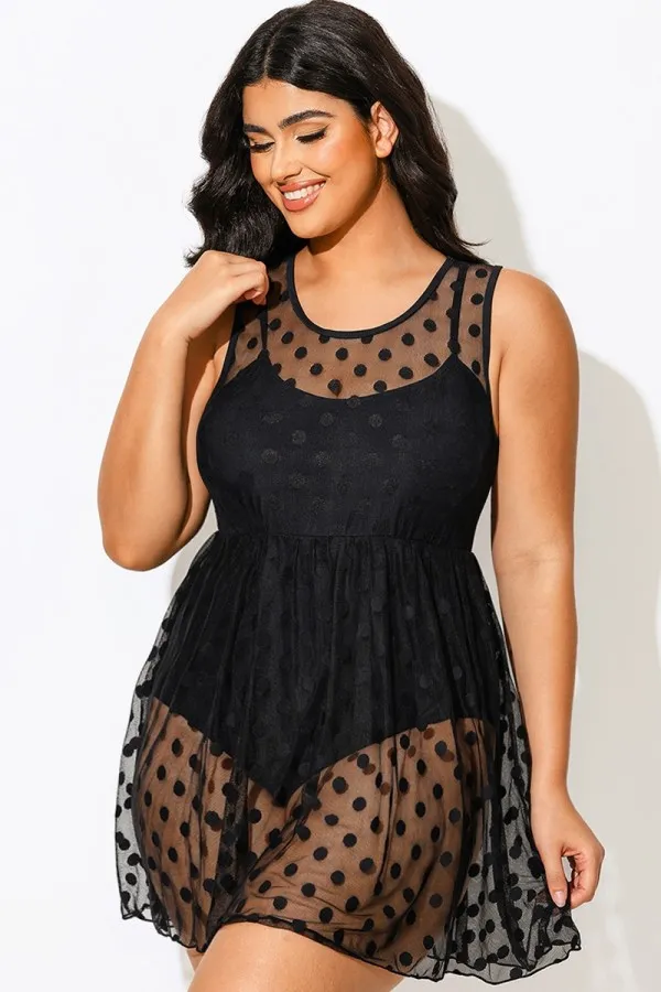 Black Dots Mesh Underwire Hook & Eye Closure One-piece Swimsuit