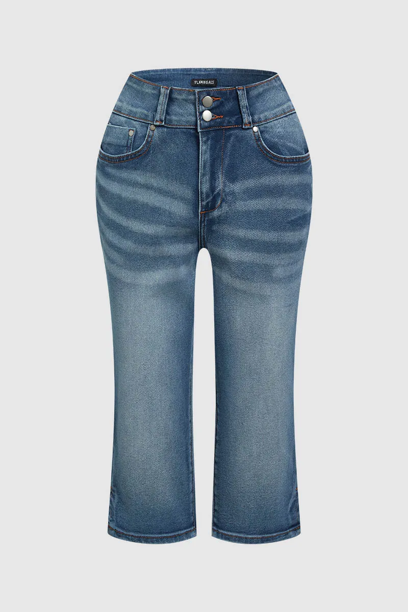Split Hem Stitch Detail High Rise Capri Jeans