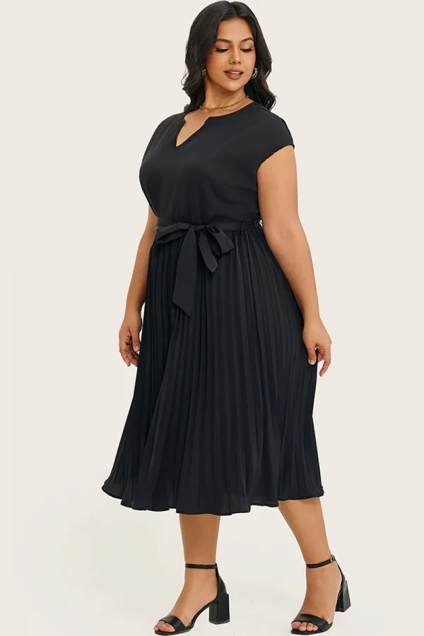 Black V-Neck Cap Sleeve Midi Dress