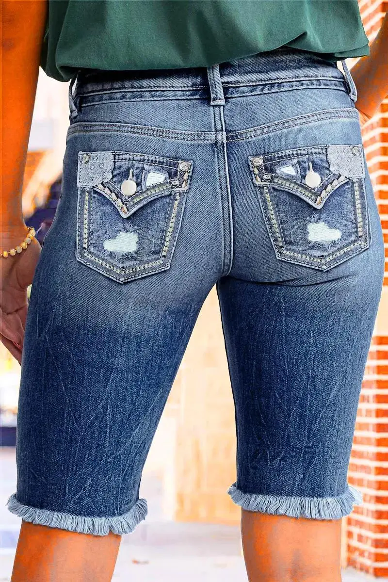 Ripped Raw Hem Mid Rise Denim Bermuda Shorts