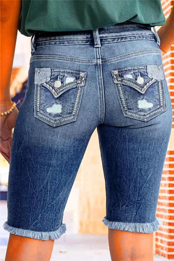 Ripped Raw Hem Mid Rise Denim Bermuda Shorts